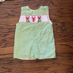 Green Gingham Baby Romper with Smocked Crawfish/Lobster design 🦀